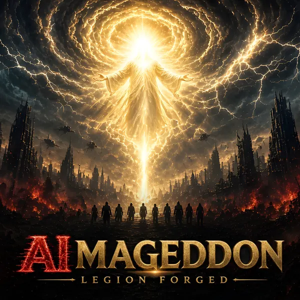 AIMAGEDDON album cover: a radiant figure descends through a storm of lightning over a burning city, above the title AIMAGEDDON, Legion Forged.