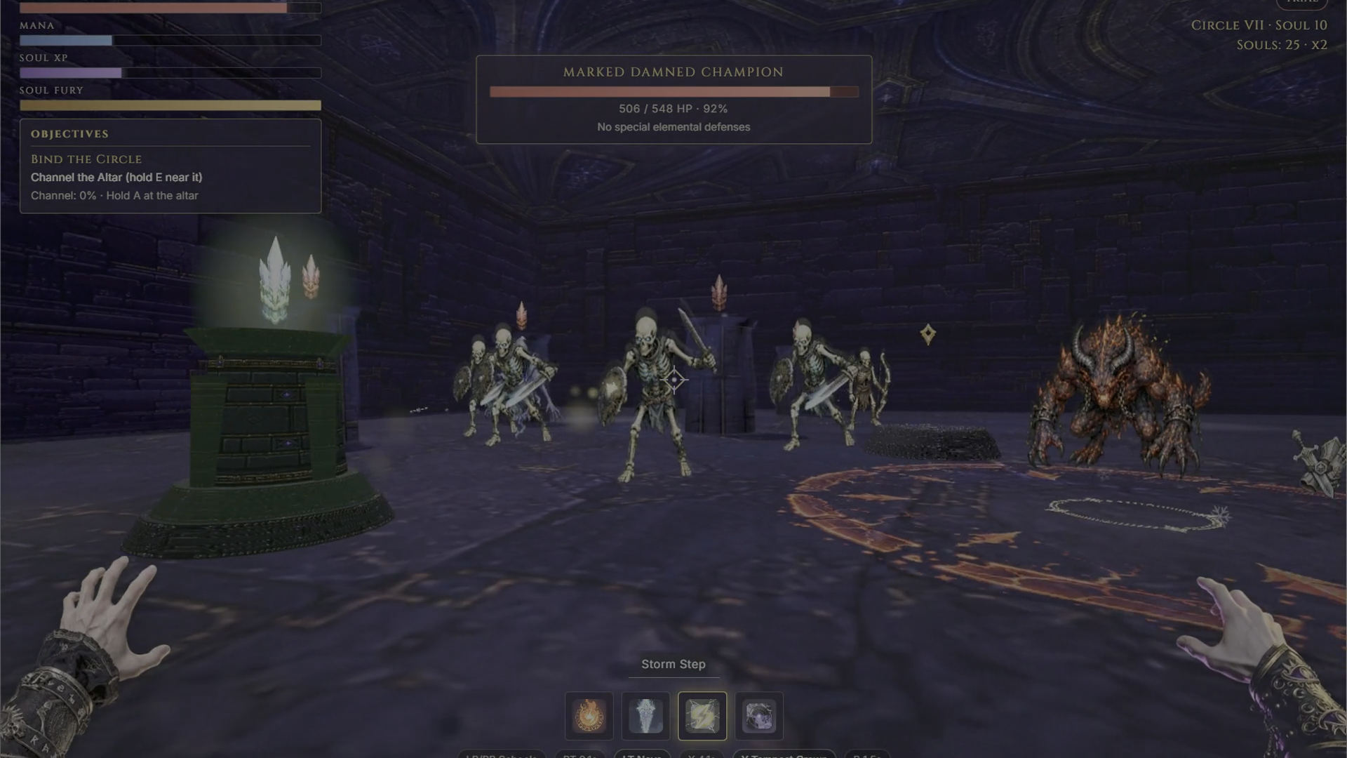 First-person spell combat against a marked champion